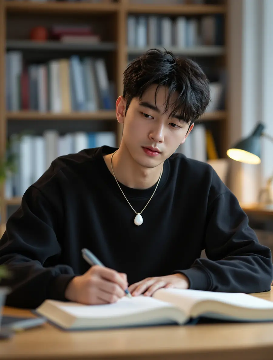공부하며 파워핏을 착용한 학생